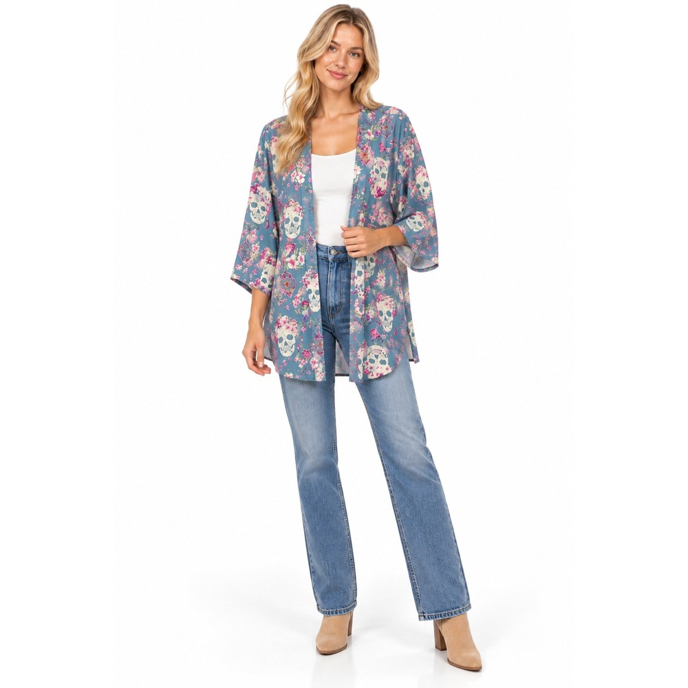 Pink Rose Women's Oversized Floral Skull Print Open Front Kimono Tunic Top S NWT